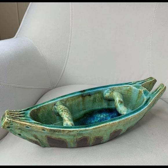 Canoe Glazed Stoneware Turquoise Drip Fused Blue Glass Bottom Statement Piece - Picture 2 of 5
